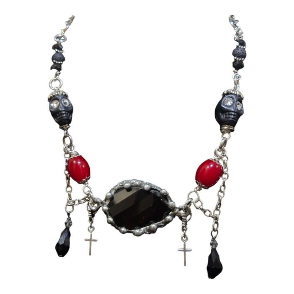Gothic Black Faceted Onyx Artisan Bezel w. Skulls Crystal & Lava Rocks  Necklace - Picture 5 of 13